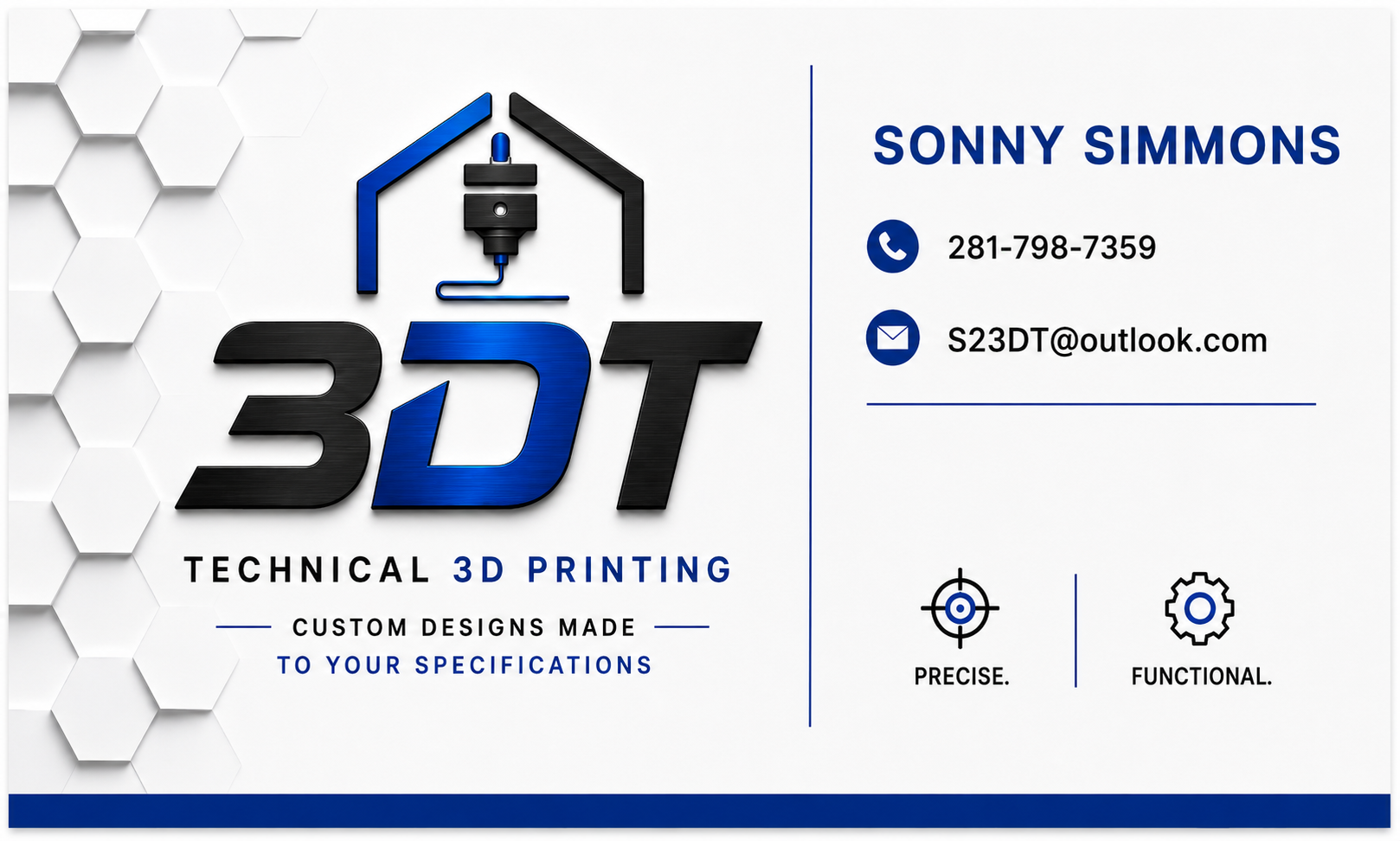 3DT Technical 3D Printing business card for Sonny Simmons